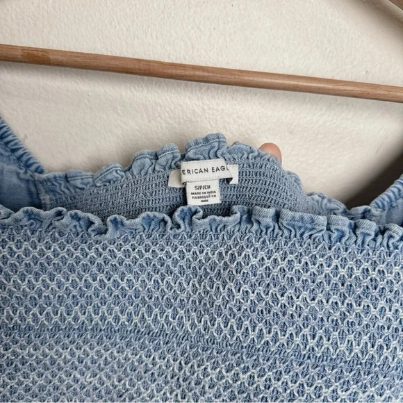 American Eagle Womens  Small Smocked Square Neck Babydoll Chambray Top - Picture 10 of 14